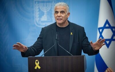 Opposition Leader Yair Lapid speaks at a Yesh Atid faction meeting at the Knesset, on July 14, 2025 // Photo Credit: Yonatan Sindel/Flash90/Times of Israel