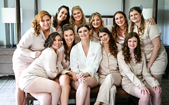 Bridesmaids getting ready: (back row) Shelby Fishman, Samantha Freedman, Hannah Swann, Jamie Sindlinger, Anna Eckstein, Jacqueline Morris; (front row) Grace Huffman, Sarah Parker, Lydia Foust, Alexandra Bull, Ella Ward
