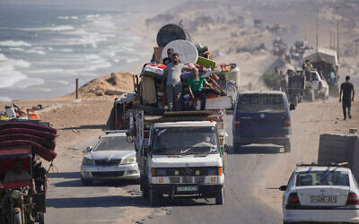 Displaced Palestinians along the coastal road toward southern Gaza, Sept. 9, 2025, after the Israeli army issued evacuation orders for Gaza City // Photo Credit: AP Photo/Jehad Alshrafi/Times of Israel