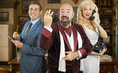(From left) Tyler Pirrung as Leo Bloom alongside Adam Shapiro as Max Bialystock, and Celine Sullivan as Ulla in Broadway’s most Tony-Awarded musical of all time, “The Producers,” a Mel Brooks musical // Photo Credit: City Springs Theatre Company