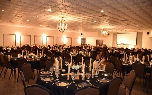 Congregation Beth Shalom’s newly renovated social hall, set up for an event.
