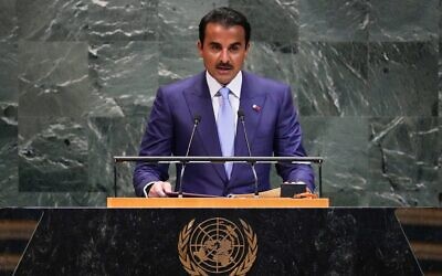 Emir of Qatar Sheikh Tamim bin Hamad Al Thani addresses the 80th session of the United Nations General Assembly at the UN headquarters in New York, Sept. 23, 2025 // Photo Credit: AP Photo/Richard Drew/Times of Israel