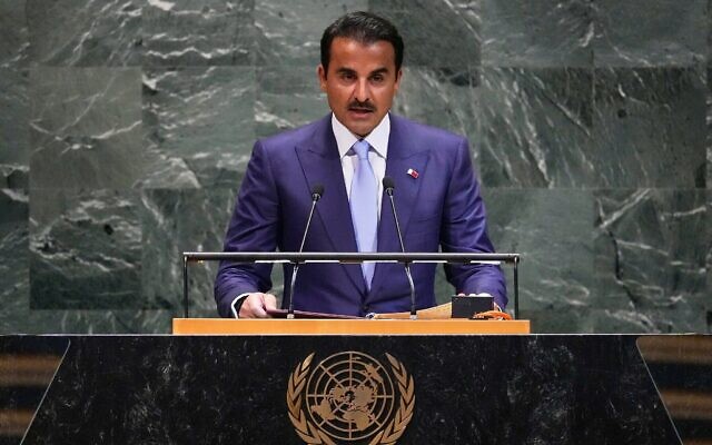 Emir of Qatar Sheikh Tamim bin Hamad Al Thani addresses the 80th session of the United Nations General Assembly at the UN headquarters in New York, Sept. 23, 2025 // Photo Credit: AP Photo/Richard Drew/Times of Israel Emir of Qatar Sheikh Tamim bin Hamad Al Thani addresses the 80th session of the United Nations General Assembly at the UN headquarters in New York, Sept. 23, 2025 // Photo Credit: AP Photo/Richard Drew/Times of Israel