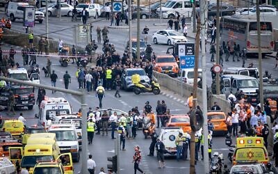 Police and rescue personnel at the scene of a terror attack at Ramot Junction near the entrance to Jerusalem, Sept. 8, 2025 // Photo Credit: Chaim Goldberg/FLASH90/Times of Israel