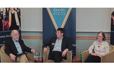 Jonathan Crane (center) director of Emory’s Ethics Across Traditions program, interviews Louis Newman and Teresa Morgan.