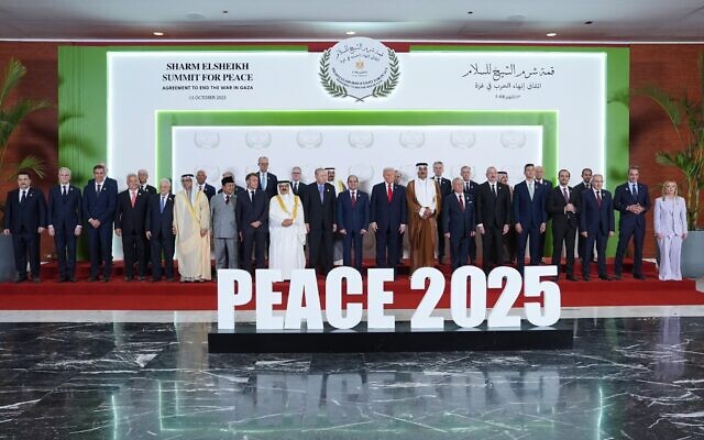 President Donald Trump and other world leaders pose for a photo during a summit to support ending the more than two-year Israel-Hamas war in Gaza after a breakthrough ceasefire deal, Monday, Oct. 13, 2025, in Sharm El Sheikh, Egypt // Photo Credit: AP Photo/Evan Vucci, Pool/Times of Israel