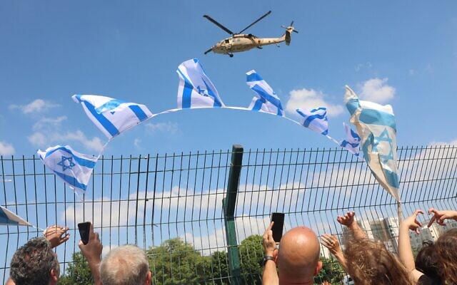 An Israeli military helicopter prepares to land as it transport a released Israeli hostage to the Beilinson Hospital in the Rabin Medical Centre in Petah Tikva in central Israel on Oct. 13, 2025 // Photo Credit: GIL COHEN-MAGEN/AFP/Times of Israel // Video credit: Itay Beit-On (GPO) / Sound credit: Yehzkel Kandil (GPO)