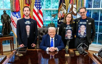 U.S. President Donald Trump, sitting, hosts the family of slain Israeli-American hostage Omer Neutra on the second anniversary of his kidnapping by Hamas, at the Oval Office of the White House in Washington, D.C., Oct. 7, 2025 // Photo Credit: White House/Times of Israel