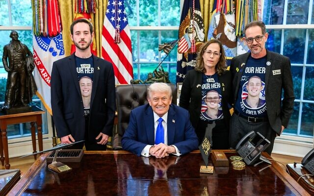U.S. President Donald Trump, sitting, hosts the family of slain Israeli-American hostage Omer Neutra on the second anniversary of his kidnapping by Hamas, at the Oval Office of the White House in Washington, D.C., Oct. 7, 2025 // Photo Credit: White House/Times of Israel