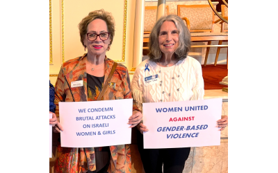 Local Hadassah leaders, Robin Hyman (left) director geographic area engagement, Hadassah Super South, and Phyllis M. Cohen, past president and advisor to Hadassah Greater Atlanta, ask that the United Nations take action against conflict-related sexual violence. 