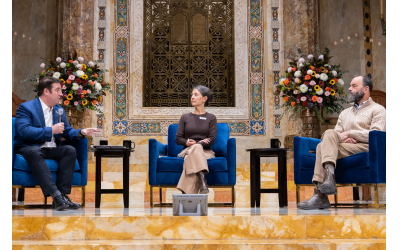 (From left) David Bryfman, CEO of The Jewish Education Project, in conversation with Rachel Goldberg-Polin and Jon Polin // Photo Credit: Chloe Apple Seldman
