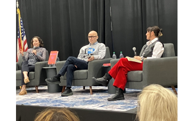 The authors of the Russ and Daughters cookbook, Niki Russ Federman (left) and Josh Russ Tupper, were interviewed at the Book Festival of the MJCCA by Jenny Levison, owner of Souper Jenny’s.