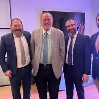 Rabbi Ari Sollish, Rabbi Yale New, and Keenan Davis (moderator) chatted with Dr. Raymond Schinazi (second from left).