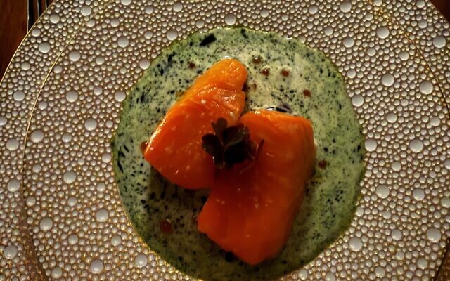 Roasted Ora King Salmon was over crème fraiche and dill.