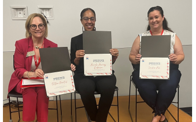 Antisemitism panel (from left) Moderator, Esther Panitch, Nicole Murray Robinson, program director, ADL, and Jackie Nix, campus director, Hillel Georgia Tech, show their Certificates of Appreciation.