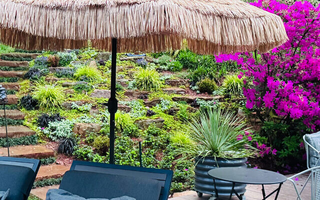 Mervis’ garden has vibrant color in this sitting area. 