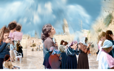Among the exhibits images is one of women gathered in prayer at the Western Wall.