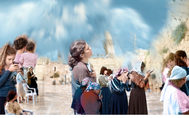 Among the exhibits images is one of women gathered in prayer at the Western Wall.