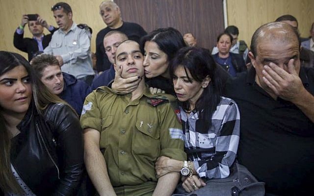 Elor Azaria, the Israeli soldier who shot a Palestinian terrorist in Hebron, in court room before the announcement of his verdict, January 4, 2017 (Miriam Alster/Flash90)