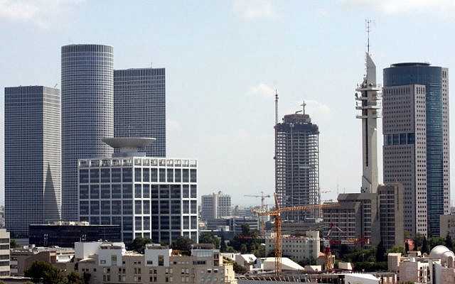 View of the Azrieli towers (L) and other skyscrapers in Tel Aviv (photo credit:  Roni Schutzer/Flash90)