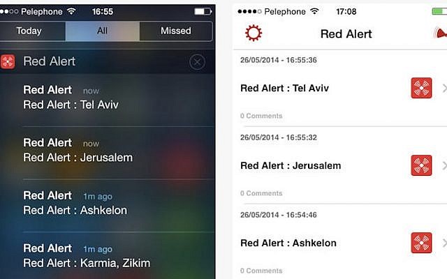Screenshot of Red Alert, the Israeli app that warns locals of incoming missile attacks. (Courtesy)