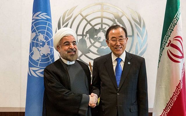Iranian President Hassan Rouhani, left, meeting with UN Secretary General Ban Ki-moon on the sidelines of the U.N. General Assembly on Sept. 26, 2013. (Andrew Burton/Getty Images/JTA)