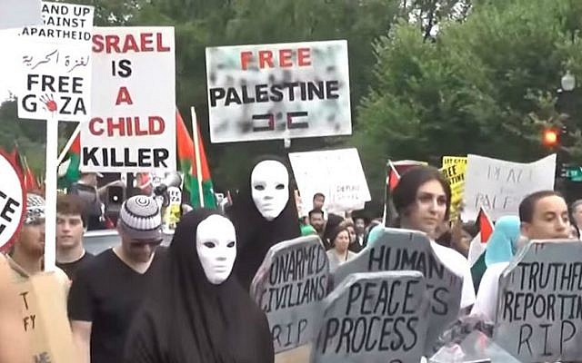 Illustrative photo of pro-Palestinian protesters in the US (photo credit: YouTube screen grab, Hamas On Campus)