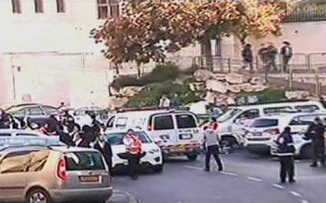 The scene of an attack in Jerusalem's Har Nof neighborhood on November 18. 2014. (screen capture: Channel 2)