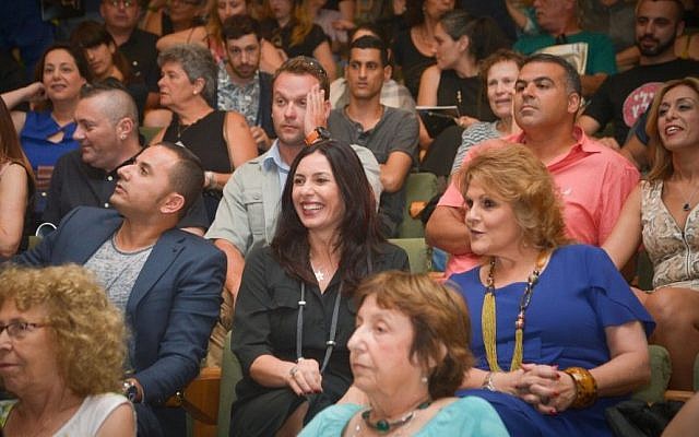 Minister of Culture Miri Regev (center) at an award ceremony for Israeli theater, in Tel Aviv, on June 19, 2015. (Photo by FLASH90)