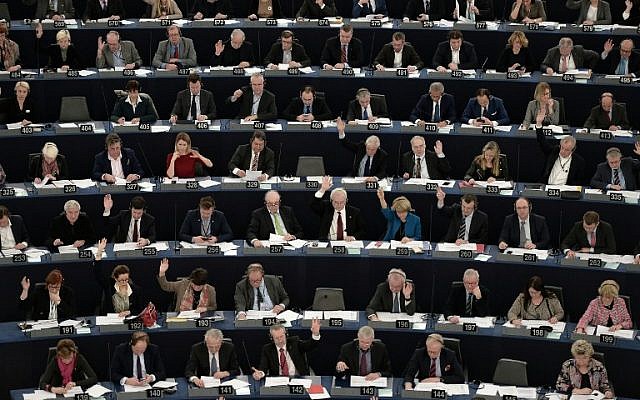 Illustrative: Members of the European Parliament take part in a voting session at the European Parliament in Strasbourg, France, on February 2, 2016. (AFP/Frederick Florin)