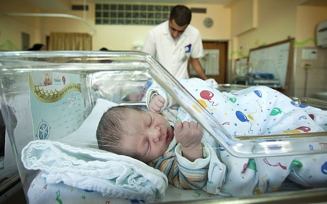 Newborn baby in the obstetrics ward at EMMS Nazareth Hospital, October 31, 2012. (Moshe Shai/FLASH90)