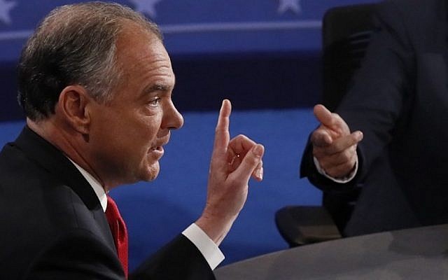 “That’s what the Israeli joint chiefs of staff is saying right now. Gadi Eisenkot, you can go check it.” Democratic vice presidential candidate Tim Kaine debates Republican candidate for Vice President Mike Pence during vice presidential debate at Longwood University in Farmville, Virginia on October 4, 2016 (AFP photo pool / Andrew Gombert)