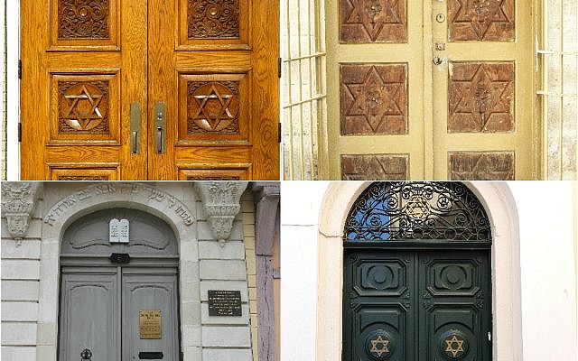 Synagogue doors, clockwise from top left (John Picken/Flickr, CC BY 2.0; zeevveez/Flickr, CC BY 2.0; Dimitris Kamaras/Flickr, CC BY 2.0; Renaud Camus/Flickr, CC BY 2.0)