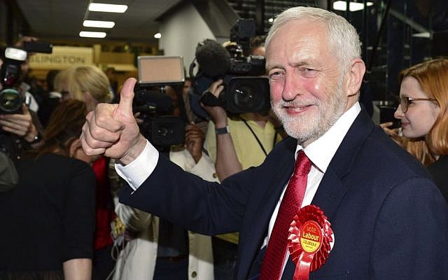 Britain's Labour party leader Jeremy Corbyn gestures as he arrives for the declaration at his constituency in London, Friday, June 9, 2017. (Dominic Lipinski/PA via AP)