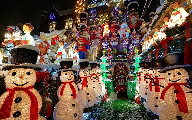 Snow-covered decorations at Dyker Heights, a neighborhood in Brooklyn, NY known for its extravagant displays every Christmas, on December 9, 2017. (iStock)