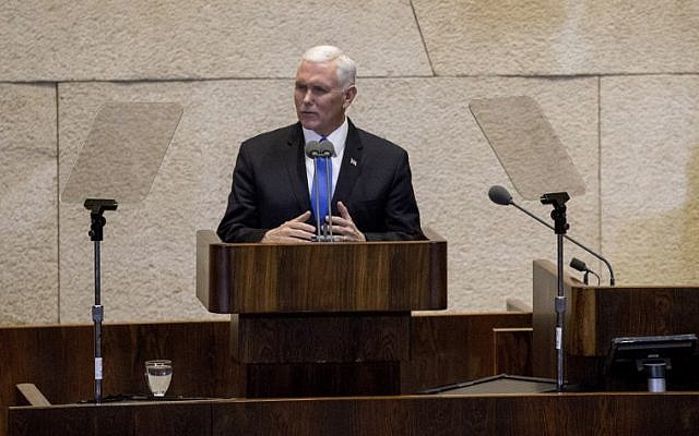US Vice President Mike Pence addresses the Knesset in Jerusalem on January 22, 2018. (AFP Photo/Pool/Ariel Schalit)