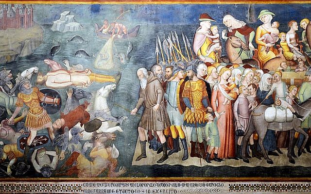 The army of Pharaoh are drowned in the Red Sea in Duomo, by San Gimignano, 1356.
(Wikimedia Commons)