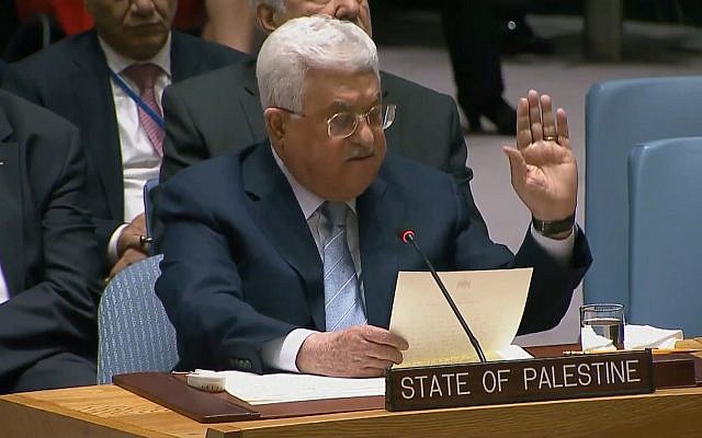 Mahmoud Abbas speaking at the UN Security Council on February 20, 2018. (screen capture: UNTV)