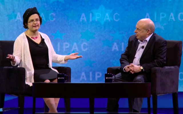 Rachel Sharansky Danziger interviews her father, Natan Sharansky, on stage at AIPAC 2018. (Video screenshot)