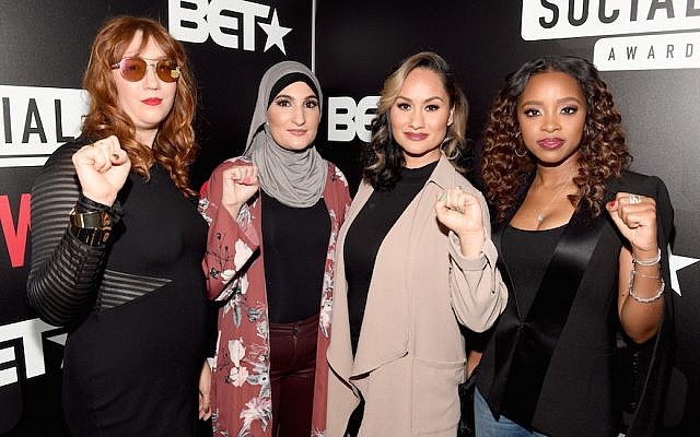 The organizers of the Women’s March, from left to right: Bob Bland, Linda Sarsour, Carmen Perez and Tamika Mallory at BET’s Social Awards in Atlanta, February 11, 2018. (Paras Griffin/Getty Images for BET via jTA)