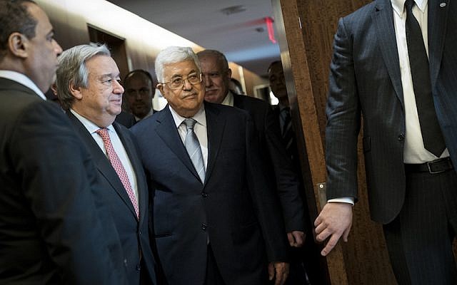 Secretary-General of the United Nations Antonio Guterres, and Palestinian Authority President Mahmoud Abbas arrive for a meeting at UN headquarters, February 20, 2018 in New York City. (Drew Angerer/Getty Images via JTA)