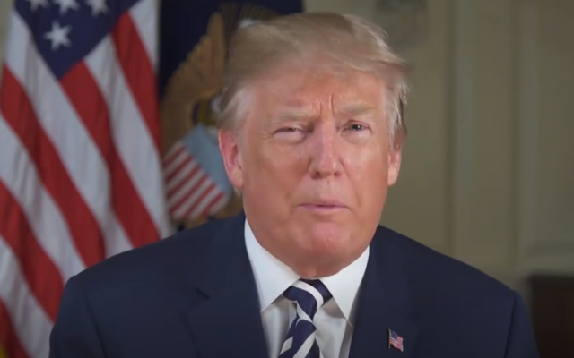 US President Donald Trump in a video message shown at the opening of the US embassy in Jerusalem on May 14, 2018. (Screen capture: JW Player)
