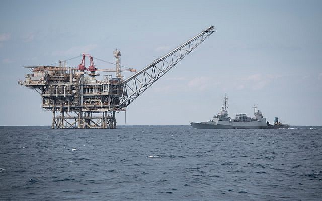 An Israeli Navy Sa'ar 5 corvette defends a natural gas extraction platform off Israel's coast, in an undated photograph. (Israel Defense Forces)