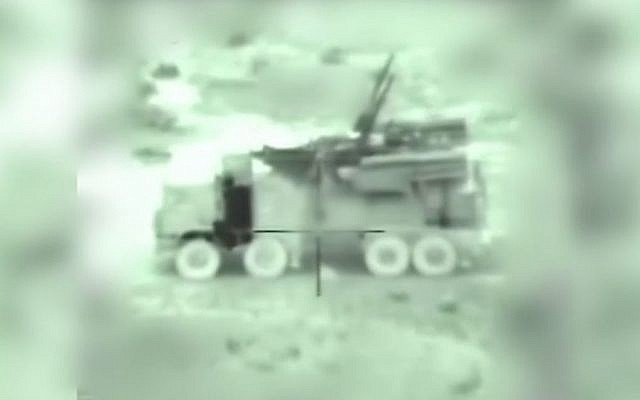 A Syrian mobile anti-aircraft battery vehicle as seen through the targeting camera of an incoming Israeli missile, in footage released by the IDF of its early morning strikes in Syria on January 21, 2019. (IDF)