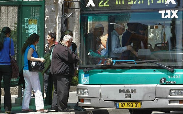 Illustrative: Passengers boarding an Egged bus in Jerusalem. (Nati Shohat/Flash90)