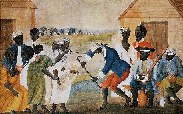 'The Old Plantation (Slaves Dancing on a South Carolina Plantation),' ca. 1785-1795, attributed to John Rose. at the Abby Aldrich Rockefeller Folk Art Museum, Williamsburg, Virginia. (Wikimedia Commons)