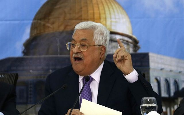 Illustrative. Palestinian Authority President Mahmoud Abbas speaks during a meeting with the Palestinian Central Council in the West Bank city of Ramallah on August 15, 2018. (Abbas Momani/AFP/File)