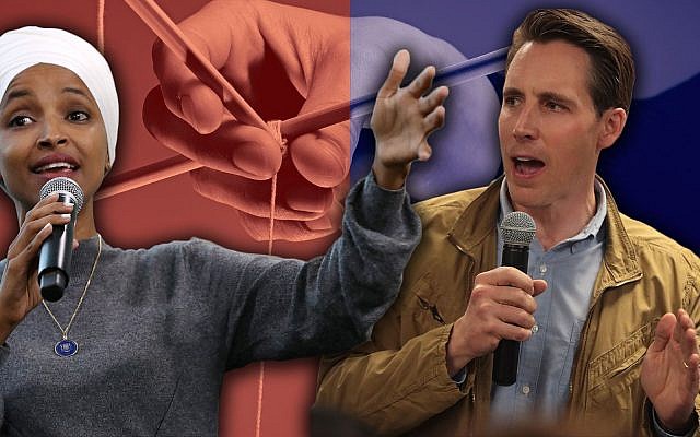 Rep. Ilhan Omar, left, and Sen. Josh Hawley have both received criticism for their perceived use of anti-Semitic tropes in recent months. Their intentions matter less than who those tropes might inspire. (Getty Images, via JTA)