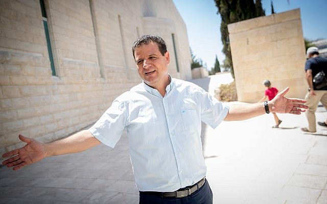 Ayman Odeh, head of the Arab Joint List, outside a court hearing at the Supreme Court in Jerusalem on right-wing petitions asking to disqualify his party from running in the September elections, on August 22, 2019. (Yonatan Sindel/Flash90)