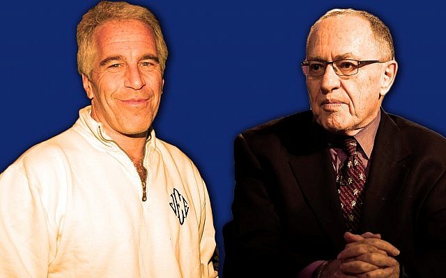 Alan Dershowitz, right, represented sex offender Jeffrey Epstein in a controversial 2008 plea deal and used to send him copies of his books to review before publication. (JTA illustration by Laura E. Adkins)